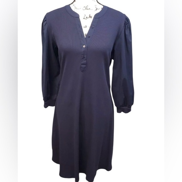 Chico’s Puff Sleeve Henley Dress Navy Partial button up Size 12 (Chico’s 2) - Picture 1 of 13